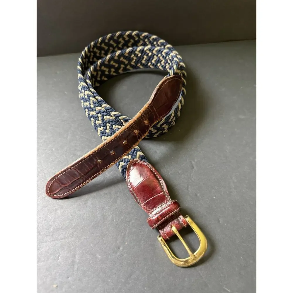 Crookhorn Davis Men's Blue Braided Woven Cotton Leather Golf Belt Size 38